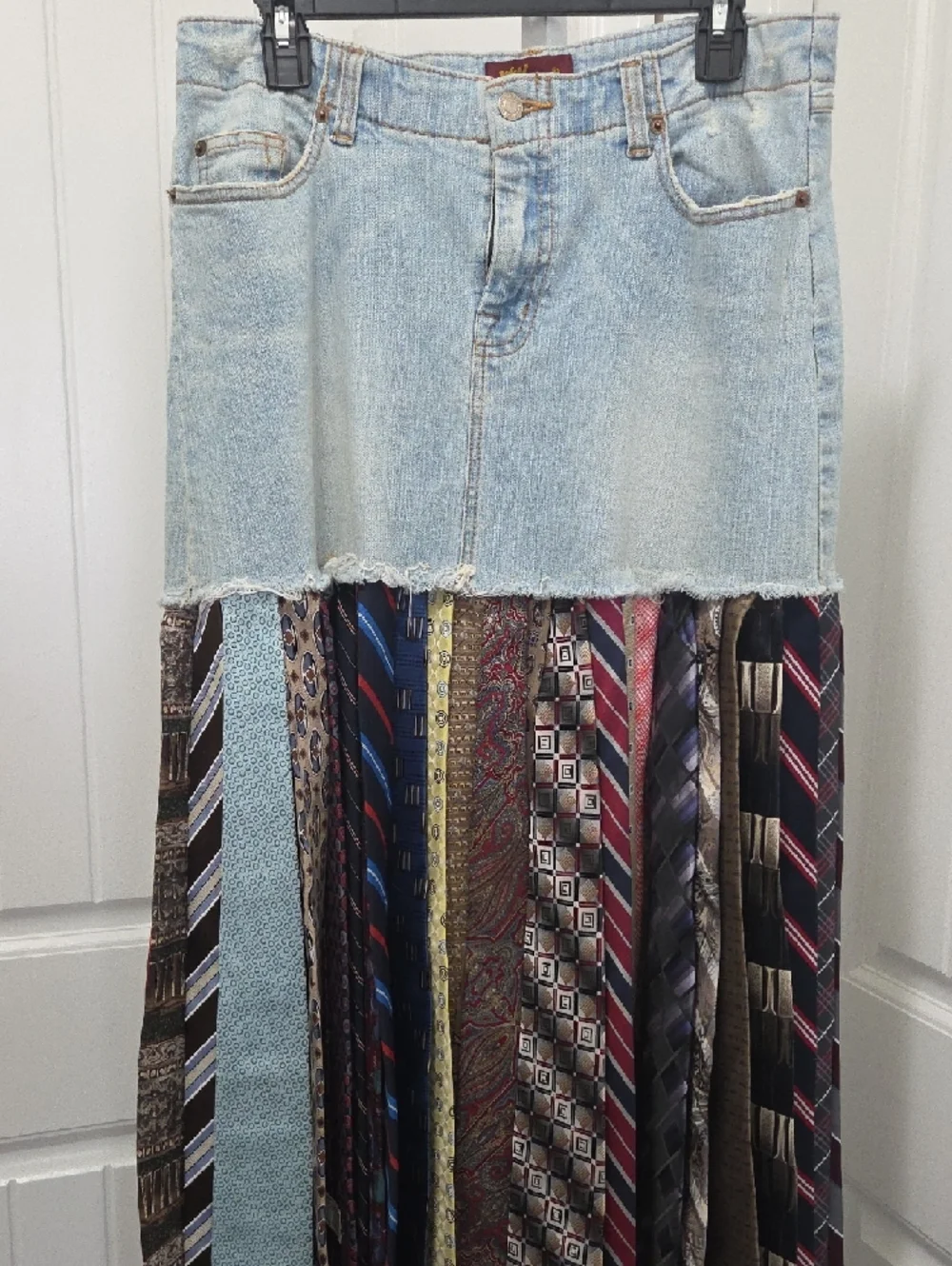 Bohemian Recycled Denim Maxi Tie Skirt with Multi-Patterned Panel - Picture 2 of 6